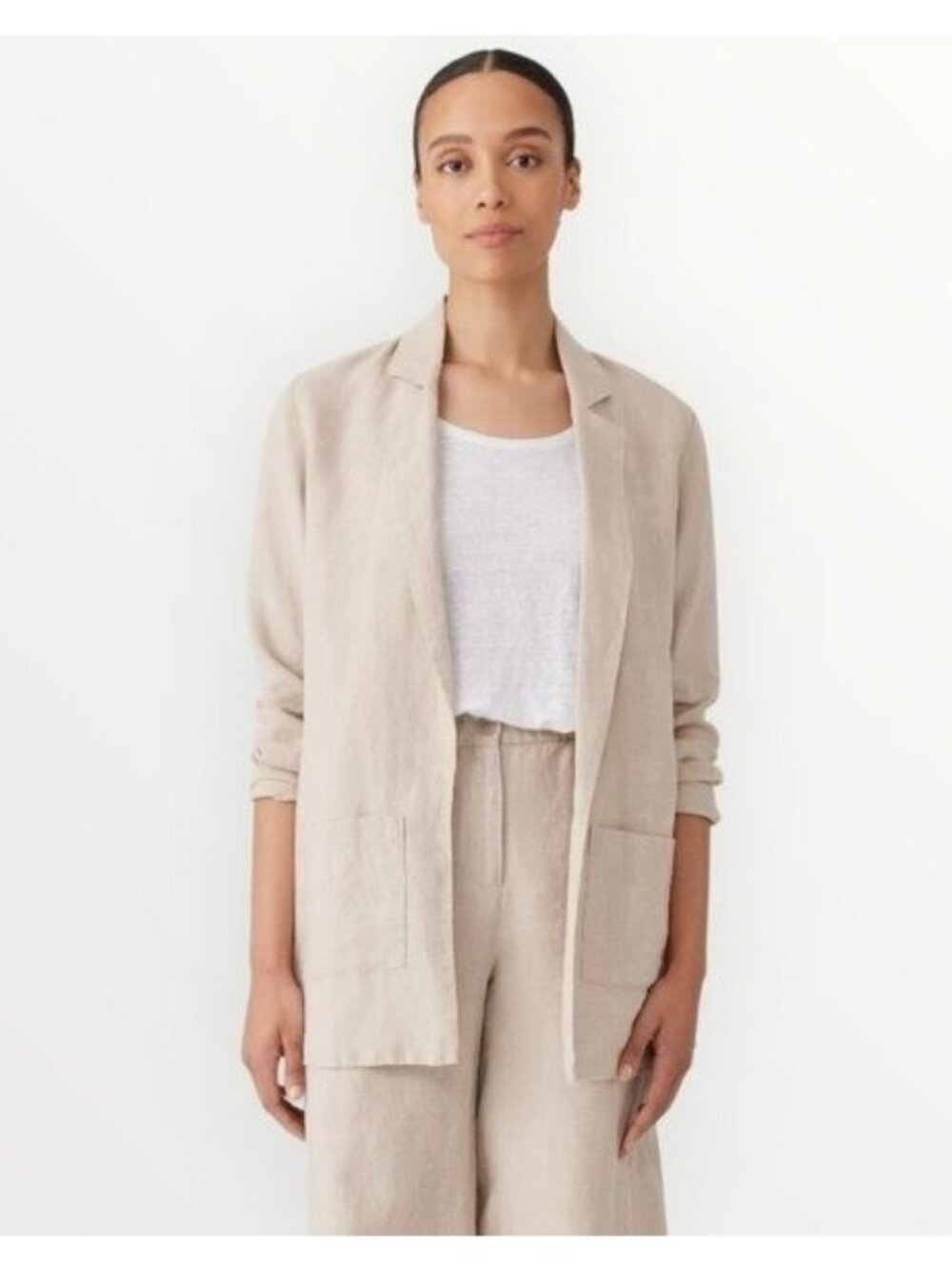 🛍 Eileen Fisher Organic Linen Long Open Front Blazer in Tan Size
